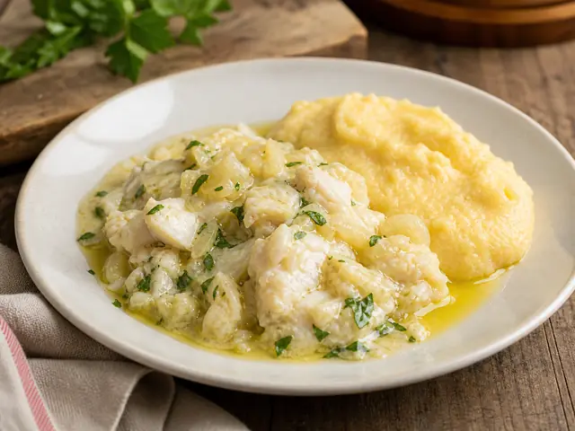 Finished Italian dish Baccala alla Vicentina served for the recipe page.