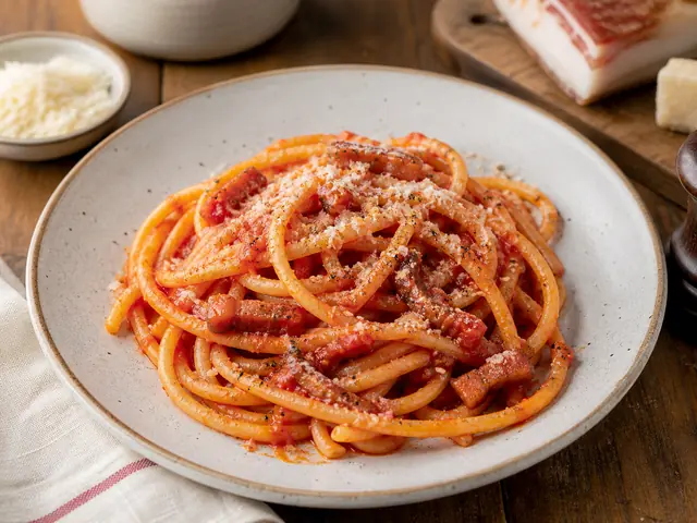 Finished Italian dish Bucatini all'Amatriciana served for the recipe page.
