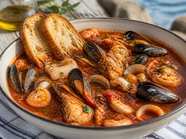 Finished Italian dish Cacciucco served for the recipe page.