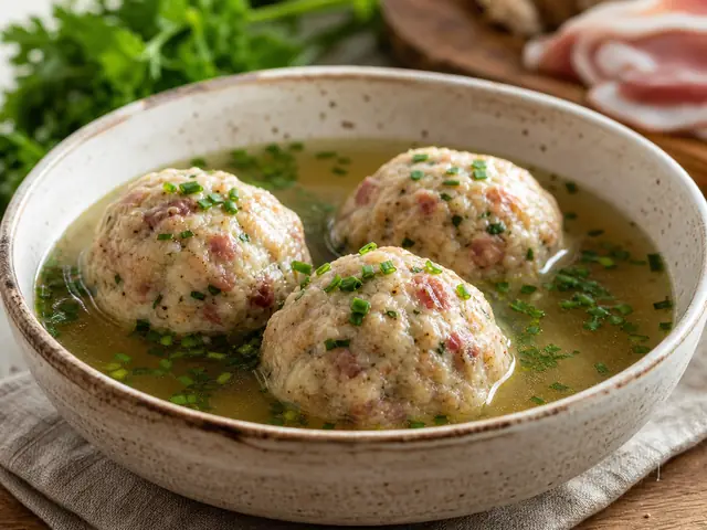 Finished Italian dish Canederli in Brodo served for the recipe page.