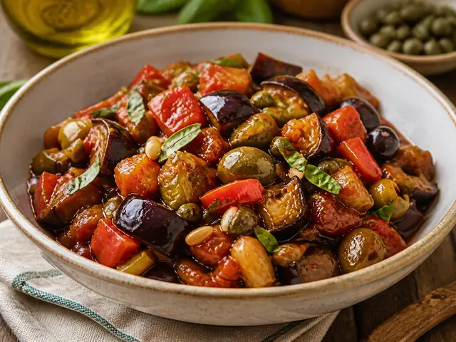 Finished Italian dish Caponata served for the recipe page.