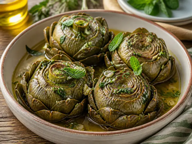 Finished Italian dish Carciofi alla Romana served for the recipe page.