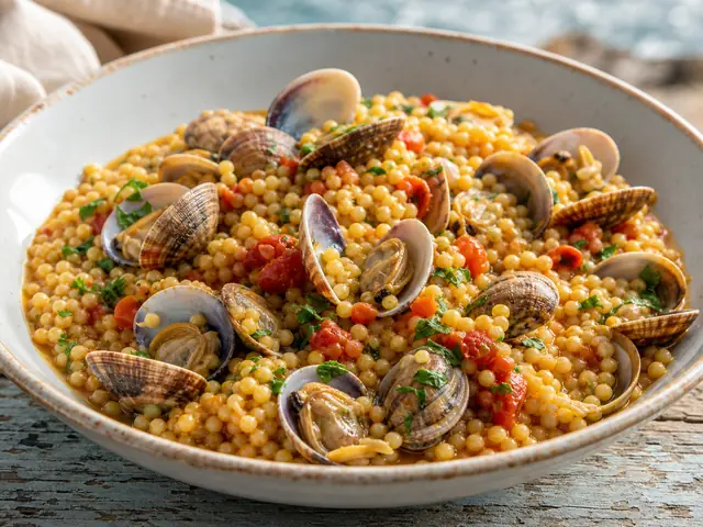 Finished Italian dish Fregola con Arselle served for the recipe page.