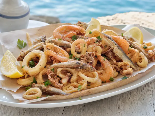 Finished Italian dish Fritto Misto di Mare served for the recipe page.
