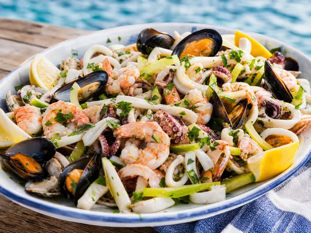 Finished Italian dish Insalata di Mare served for the recipe page.