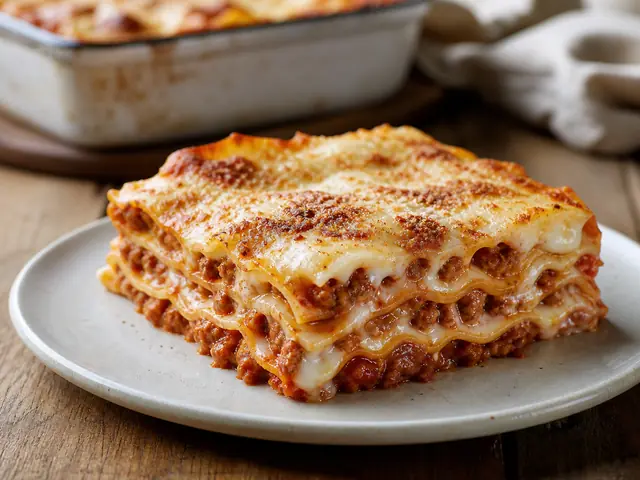 Finished Italian dish Lasagna alla Bolognese served for the recipe page.