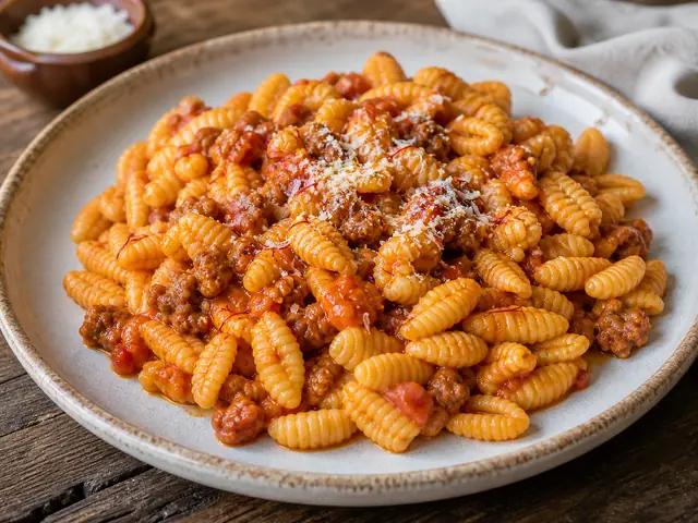 Finished Italian dish Malloreddus alla Campidanese served for the recipe page.