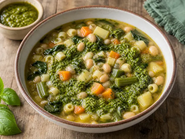 Finished Italian dish Minestrone alla Genovese served for the recipe page.