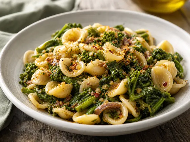 Finished Italian dish Orecchiette con Cime di Rapa served for the recipe page.