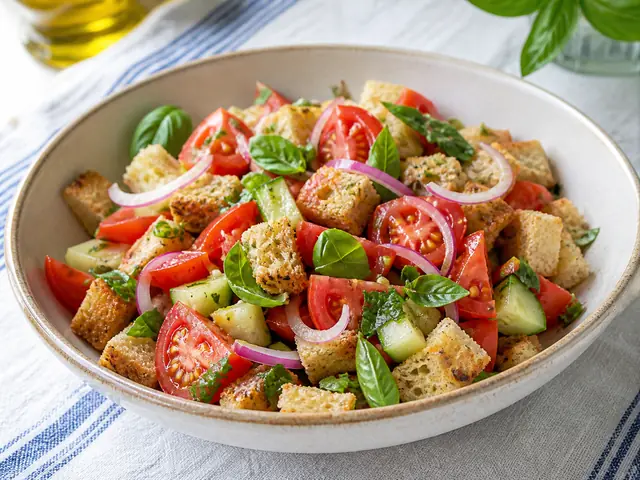 Finished Italian dish Panzanella served for the recipe page.