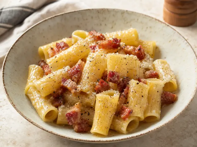 Finished Italian dish Pasta alla Gricia served for the recipe page.