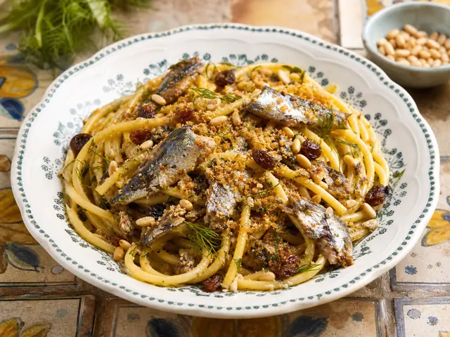 Finished Italian dish Pasta con le Sarde served for the recipe page.