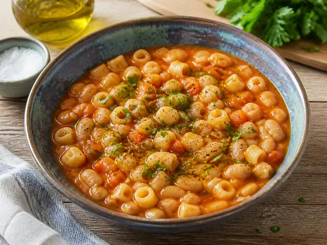 Finished Italian dish Pasta e Fagioli served for the recipe page.