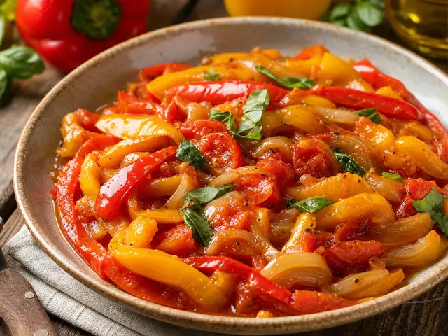 Finished Italian dish Peperonata served for the recipe page.