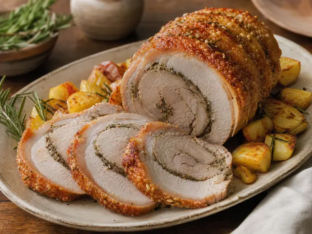 Finished Italian dish Porchetta served for the recipe page.