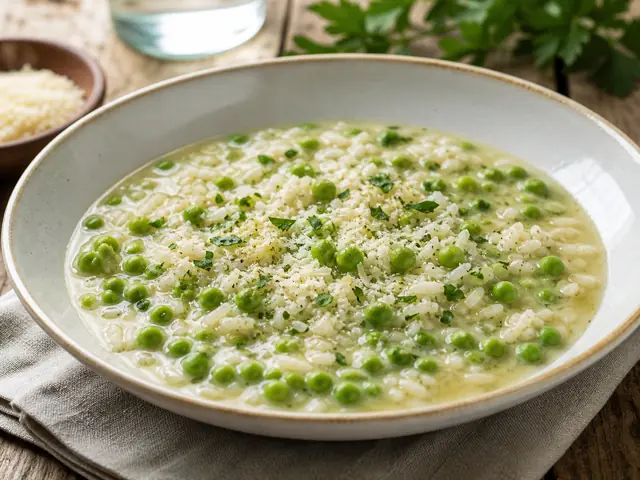 Finished Italian dish Risi e Bisi served for the recipe page.