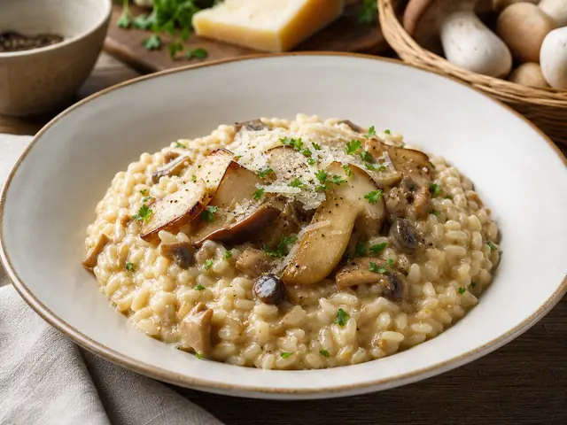 Finished Italian dish Risotto ai Funghi served for the recipe page.