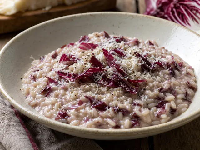 Finished Italian dish Risotto al Radicchio served for the recipe page.