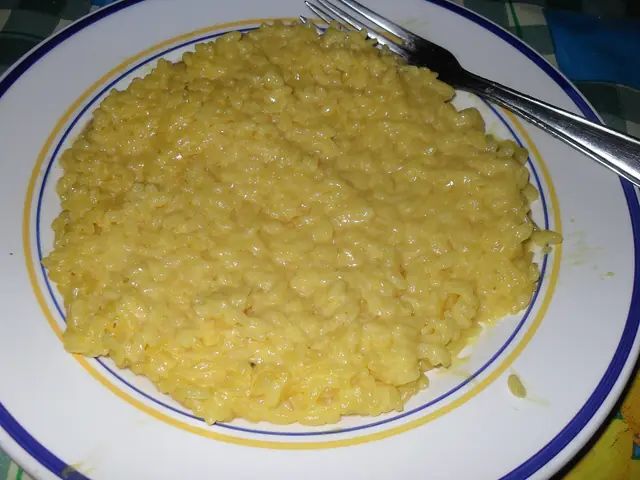 Finished Italian dish Risotto alla Milanese served on a plate.