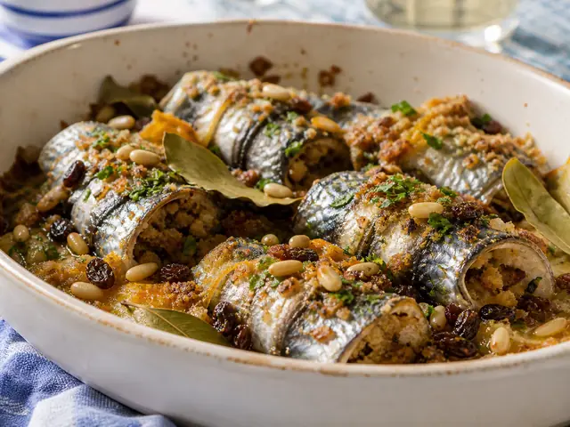 Finished Italian dish Sarde a Beccafico served for the recipe page.