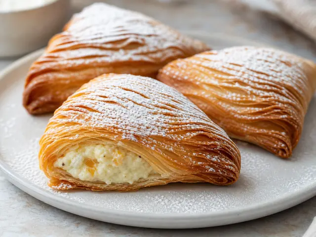 Finished Italian dish Sfogliatelle served for the recipe page.