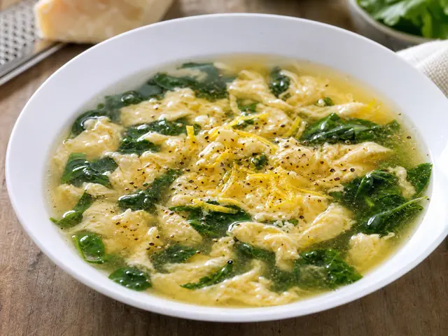 Finished Italian dish Stracciatella alla Romana served for the recipe page.