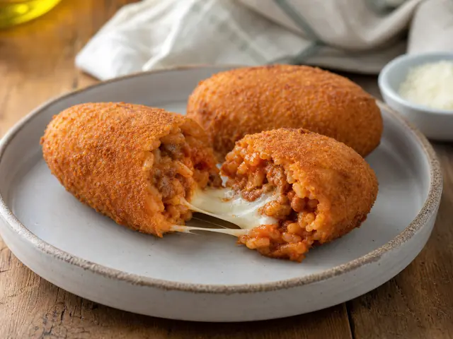 Finished Italian dish Suppli al Telefono served for the recipe page.