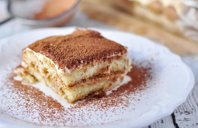 Finished Italian dessert Tiramisu ready to serve.